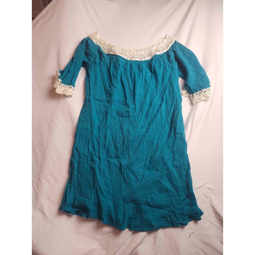 Umgee Mini Dress Womens Size 1XL Blue Lace Trim Short Sleeve Tunic Bohemian